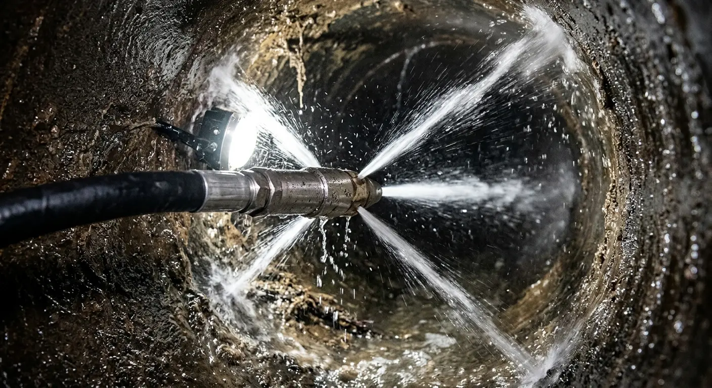 High-pressure hydro jetting nozzle cleaning sewer pipe for Sewer Cleanout in Seguin