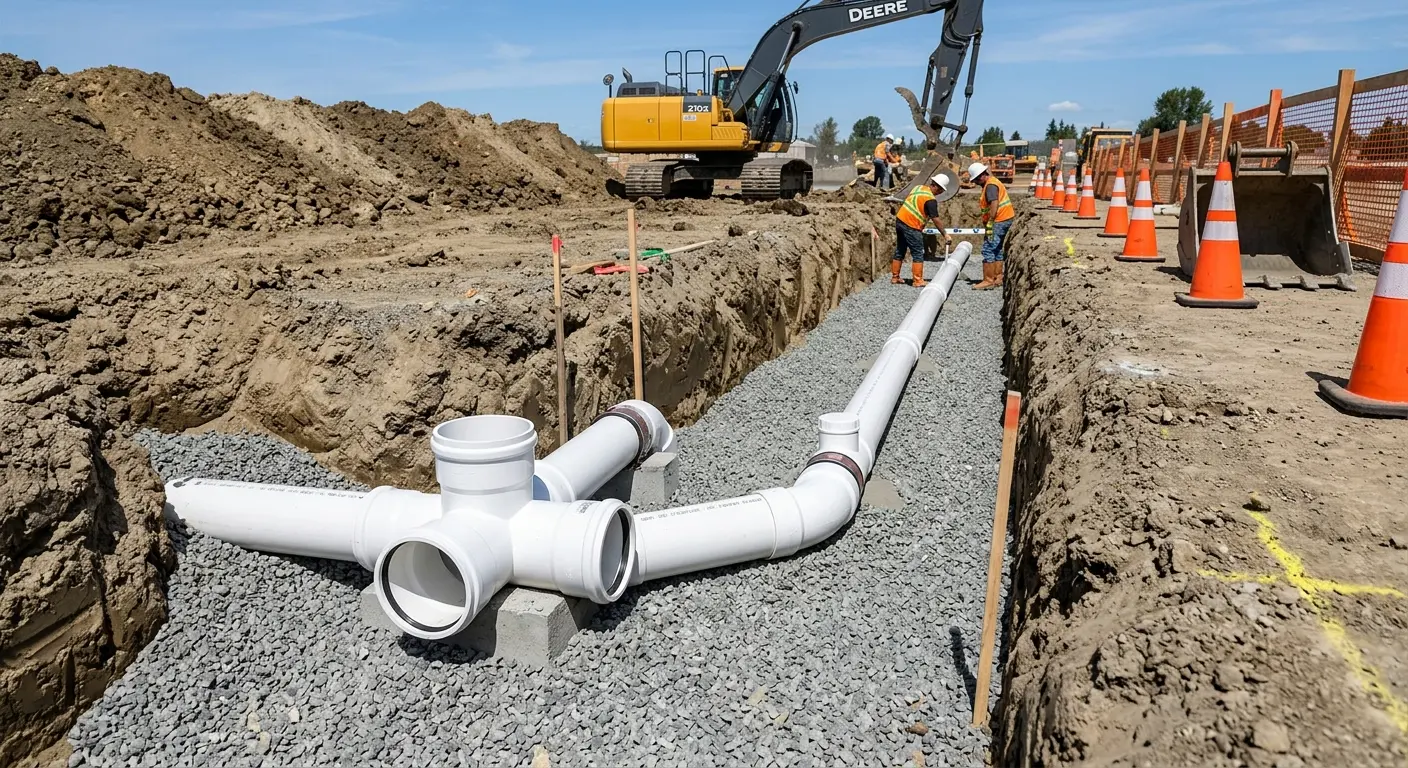 New PVC sewer pipe installation in open trench for Sewer Backup in Seguin