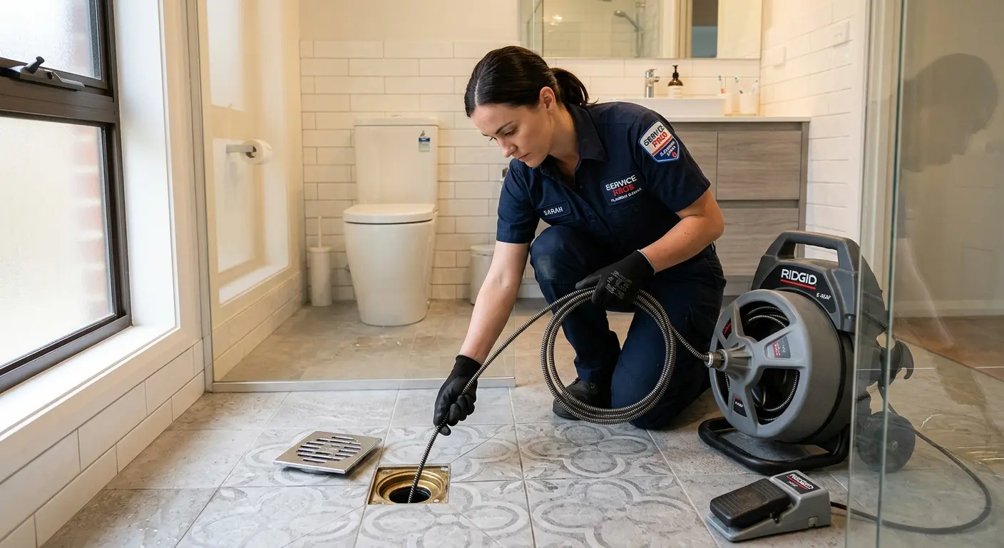 Technician clearing a bathroom floor drain for Drain Cleaning in Seguin